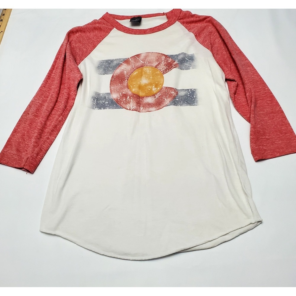 Prairie Mountain‎ Colorado Flag Rocky Mountains Raglan 3/4 Sleeve Tee S